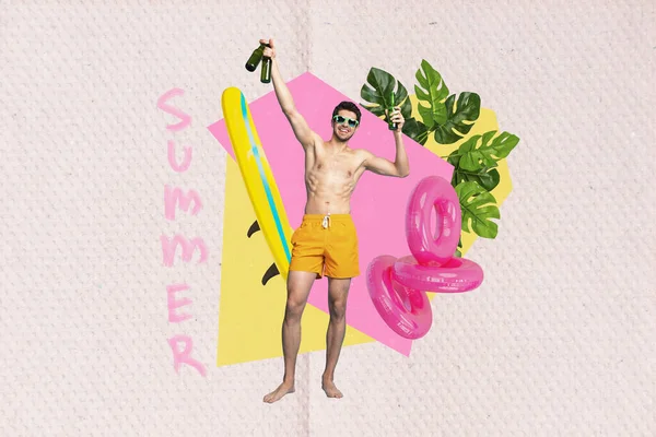Summertime Conceptual Collage Youngster Guy Shirtless Sporty Press Cold Beer — Stock Photo, Image