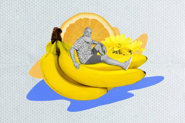 面白い引退した男の年金受給者の創造的な傾向のコラージュ座ってバナナ新鮮な果物栄養健康的なライフスタイル珍しいファンタジービルボード — ストック写真