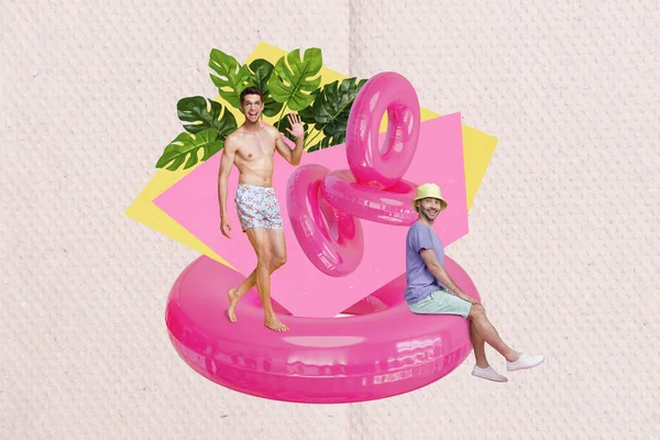Collage 3d image of pinup pop retro sketch of two handsome young male summer vacation sea pink inflatable rings travel trip journey.