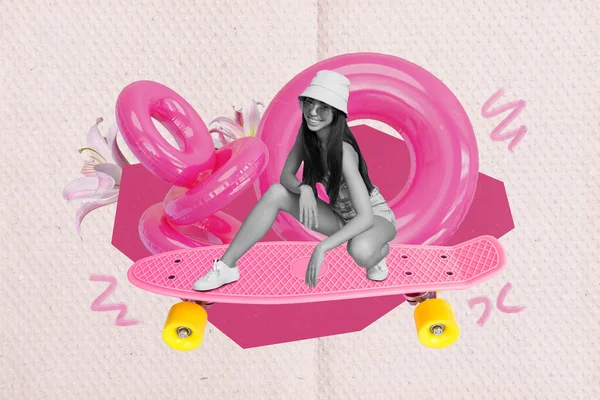 美丽有趣迷人的年轻女子滑板长板粉红女孩奇幻广告牌Zine的创意抽象模板拼贴 — 图库照片