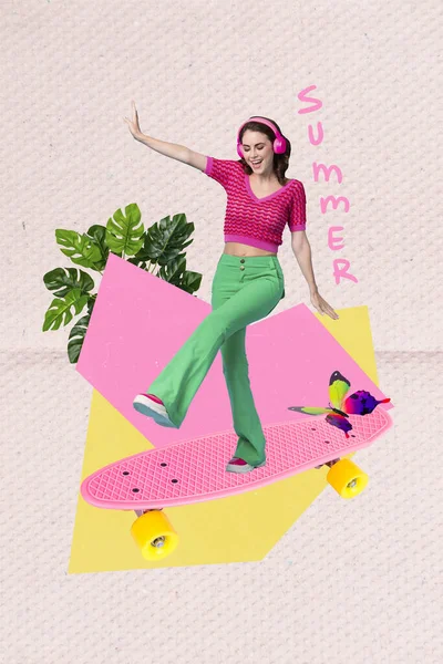 Colagem Composta Engraçado Animado Dança Feminina Feliz Ter Divertido Skate — Fotografia de Stock