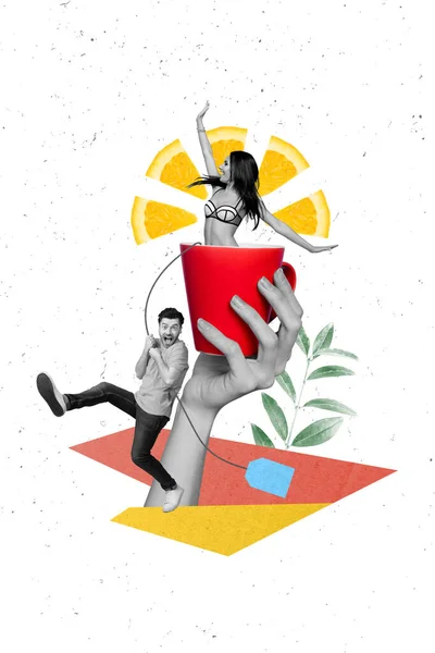 Affiche Bannière Collage Créatif Deux Personnes Annoncent Thé Glacé Flambant — Photo