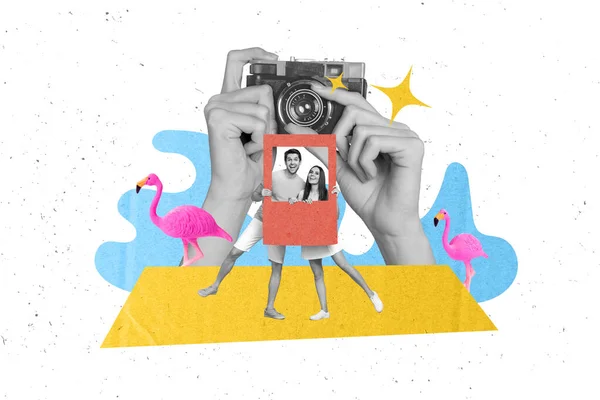 Kreativ Collage Annonce Personer Ægtefæller Nyde Sommeren Slappe Sammen Eksotiske - Stock-foto