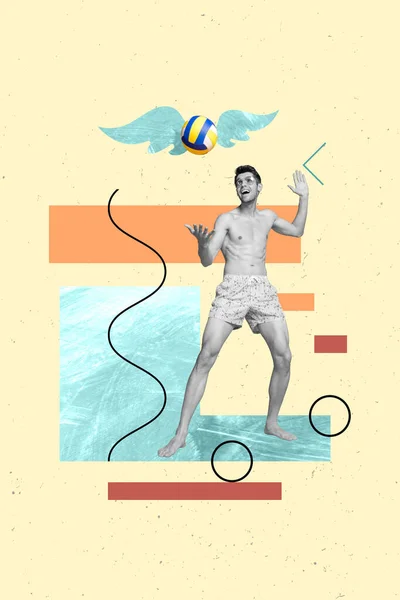 Vertical artwork collage young guy volleyball player resting fresh air seaside beach beat ball wear swim shorts colorful drawing photo.