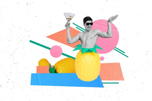 夏季主题照片拼贴放松男性欢呼Ananas鸡尾酒会度假包罗万象的度假胜地酒店图片背景 — 图库照片