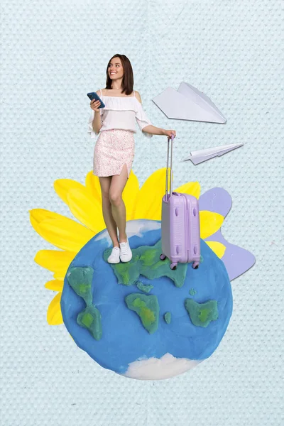 Collage Young Tourism Lover Girl Stay Big Plasticine Globe Hold — Stock Photo, Image