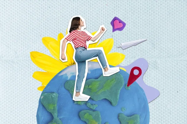 Samengestelde Collage Beeld Van Wandelende Jonge Vrouw Planeet Aarde Veel — Stockfoto