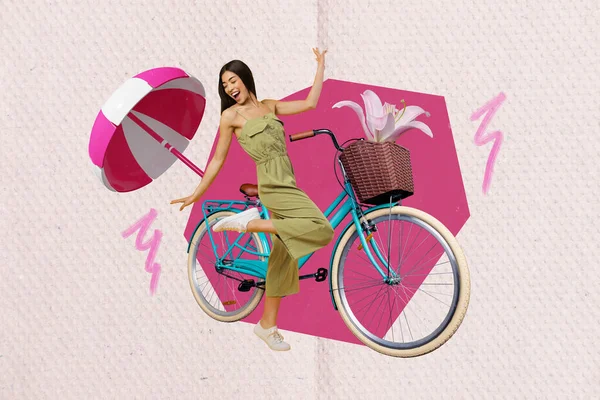 照片拼贴设计广告出租复古自行车怀旧女子舞会有一个有趣的度假胜地 在阳光的阳伞下与粉色背景隔离 — 图库照片