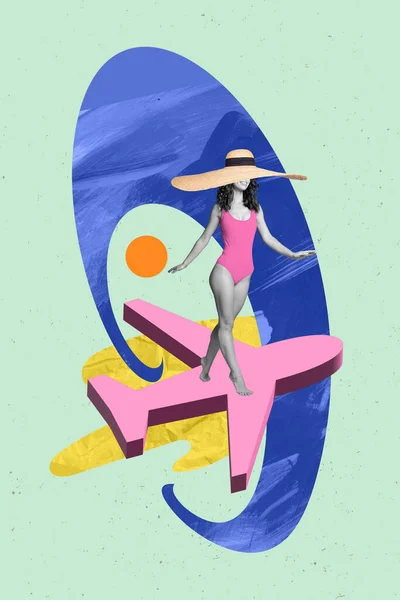 垂直图片拼贴可爱的纤细女性行走大粉色飞机旅行社夏季旅行票务人员复古图片背景 — 图库照片