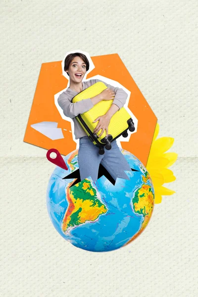 Creative Poster Collage Excited Young Woman Embrace Baggage Suitcase Planet — Stock Photo, Image