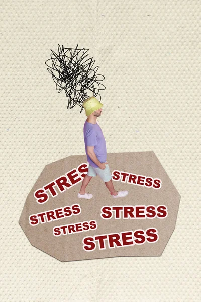 Kreativ Abstrakt Mall Collage Vandrande Ung Man Stress Känner Sig — Stockfoto