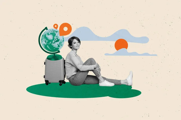 海报上贴着快乐的年轻女士等机场起飞的标语 她带着行李选择了地球上的度假胜地 — 图库照片