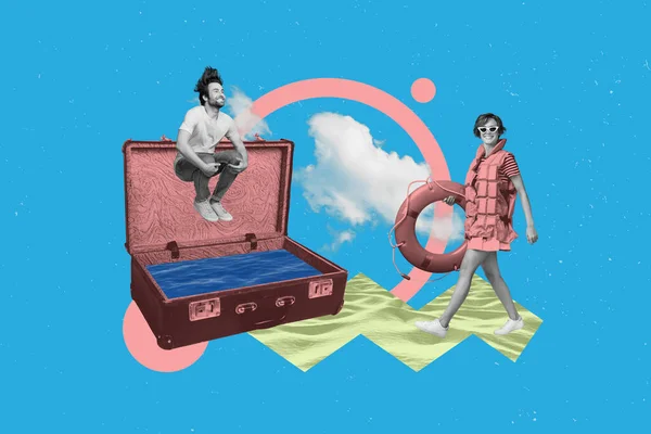 两个人的海报横幅拼贴女士男子准备梦想度假与打开行李夏季物品购物概念 — 图库照片