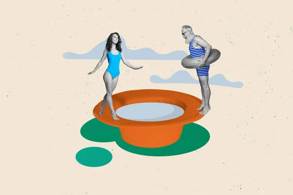 2人の若い女性の祖父のポスター雑誌のコラージュは キャップ形状のプールで夏の冷たい水泳を楽しむ — ストック写真