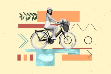 Funky style photo collage funny traveler lady drive vintage bicycle safe nature recycling ecology pollution summer colorful drawing. clipart