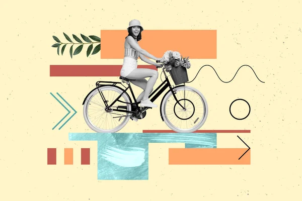 时尚风格的照片拼贴有趣的旅行者女士驾驶老式自行车安全的自然循环利用生态污染夏季彩绘 — 图库照片