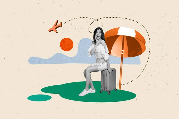 興奮した女の子のバナー画像のポスターコラージュは 低コストで飛行機の航空会社を提供しています海のリゾートで演出 — ストック写真
