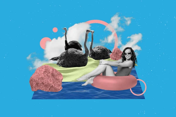 Moderne Montage Fotocollage Lustige Schöne Mädchen Schwimmen Rettungsring Strand Meer — Stockfoto