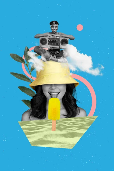Плакат Плакатом Коллаж Фанки Молодая Леди Лизать Мороженое Палку Пляже — стоковое фото