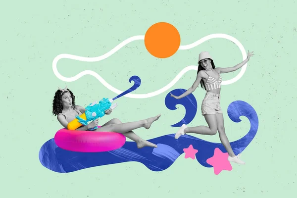 若い女性のフェローのポスターバナーコラージュは 波の上に銃で水ゲームをプレイ冷たい夏の航海をお楽しみください — ストック写真