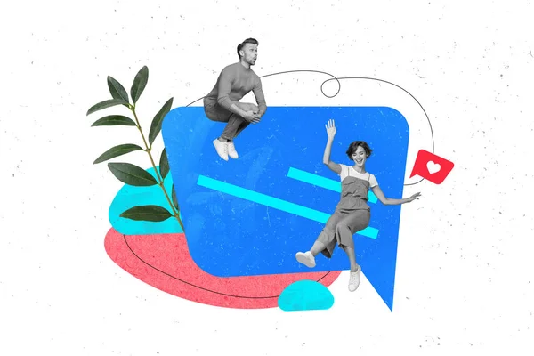 杂志模板海报拼贴两个人享受寒意放松暑期旅行女士男子跳水率度假胜地 — 图库照片