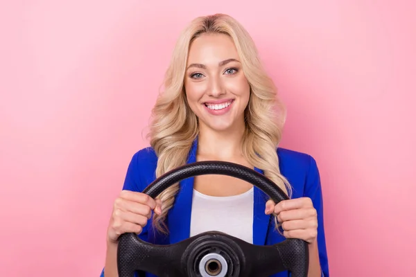 Portrait Lovely Cheerful Girl Toothy Smile Hands Hold Steering Wheel — Stock Photo, Image