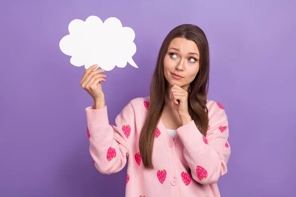 Photo Minded Young Lady Touch Chin Thinking Looking Paper Cloud — Stock Photo, Image