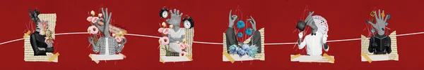 Kreative Collage Panorama Foto Von Kopflosen Menschen Tricks Konzept Rosa — Stockfoto