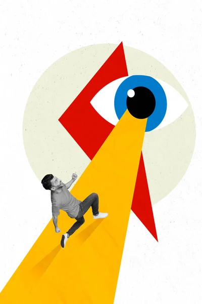 Foto Colagem Jovem Fugindo Escapar Visão Supervisionar Supervisão Pressão Espionagem — Fotografia de Stock