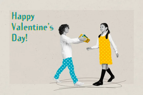 Vorlage Bild Junge Kinder Feiern Glücklich Valentinstag Geschenk Freundin Geschenkbox — Stockfoto