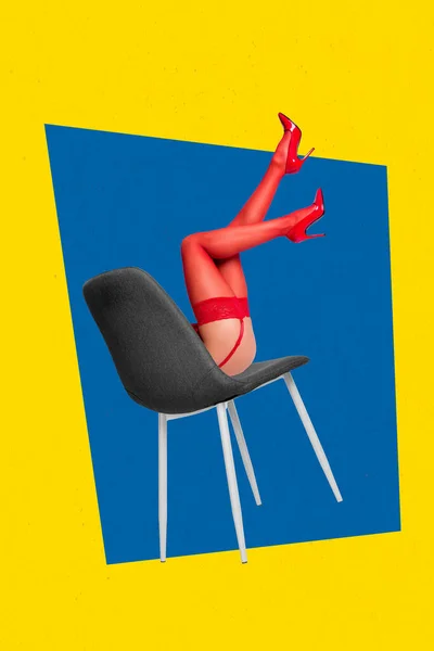 Designad Konstverk Collage Naken Kvinna Ben Röd Strumpbyxor Liggande Stol — Stockfoto