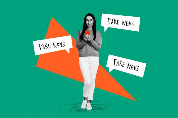 利用电话社交媒体阅读的年轻女性的公告牌拼贴图片俄罗斯机器人在绿色背景下发布虚假新闻 — 图库照片
