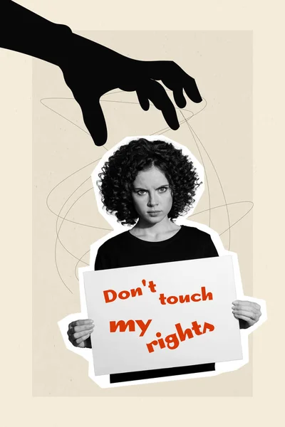Collage Photo Young Dissatisfied Women Rights Activist Hold Placard Stop — Stock Photo, Image