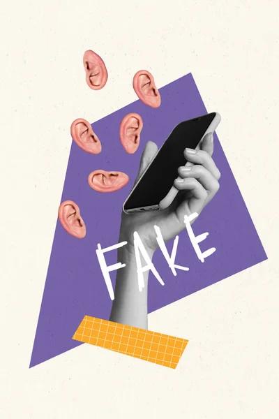 Collage Artwork Graphics Picture Arm Reading Modern Device Fake News — Stock Photo, Image