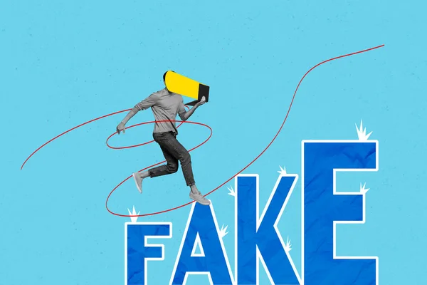 Obrázek Běžec Držet Netbook Číst Zprávy Ovládání Mysl Falešné Zprávy — Stock fotografie