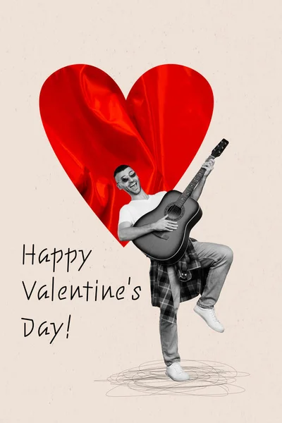 弦の絵のアートワーク面白い男はベージュの背景に隔離された幸せなバレンタインデーの休日のギター音楽コンサートパフォーマンスを保持 — ストック写真