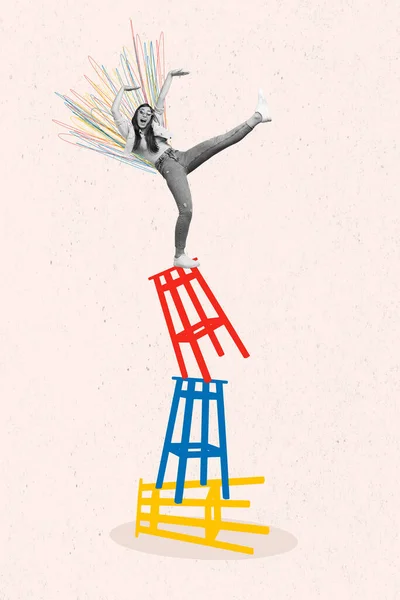Коллаж Картина Смешной Молодой Девушки Боятся Стабильности Высоты Стоять Многие — стоковое фото
