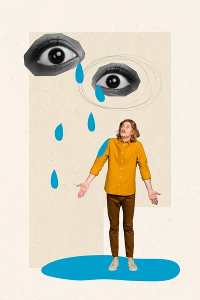 Collage Kreativ Bild Unga Missförstånd Man Vet Inte Varför Enorma — Stockfoto