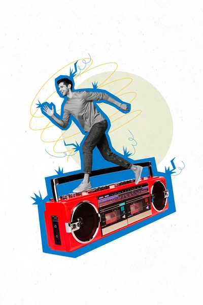 Vertical Collage Clubbing Man Active Dancing Have Fun Vintage Boombox — Stock Photo, Image