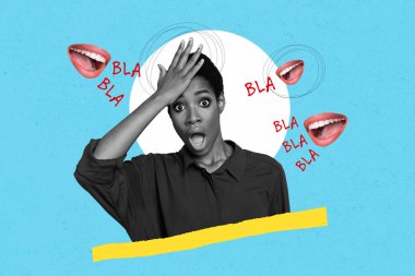 Collage of young girl confused forehead staring open mouth shocked listen bla blah spam metaphor mouths fakes isolated on blue background. clipart