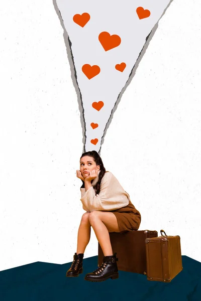 独家杂志图片草图拼贴的心烦意乱的女士坐在行李里梦想爱情的离奇创作背景 — 图库照片