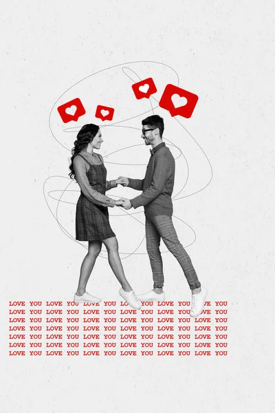 Vertical Valentine Day Collage Concepto Pareja Joven Coquetear Cónyuges Manos —  Fotos de Stock