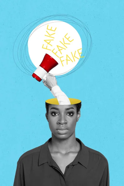 Creative Photo Collage Young Girl Brainwashing Propaganda Press Share Fake — Stock Photo, Image