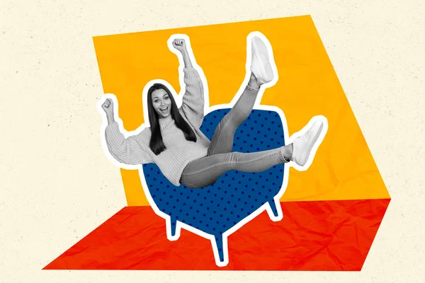 创意广告横幅宣传品拼贴 拼贴年轻女子喜欢躺在她的新家具客厅椅子上 与画的背景隔离 — 图库照片