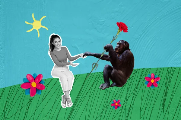 Komik Genç Bayanın Yaratıcı Afiş Kolajı Rahatla Maymunlarla Çık Mart — Stok fotoğraf
