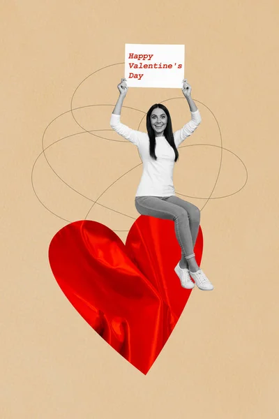 Collage Von Jungen Frauen Halten Postkarte Glücklich Valentinstag Überrascht Sitzend — Stockfoto