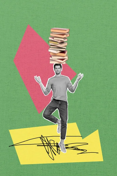 縦の画像コラージュ若い男練習ヨガホールド本杭スタック上の頭のインスピレーションのモチベーション文学の概念 — ストック写真