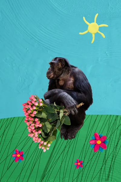 在阳光明媚的夏日 乡村的约会中 具有花卉惊喜束的滑稽黑猩猩的创意杂志模板拼贴 — 图库照片