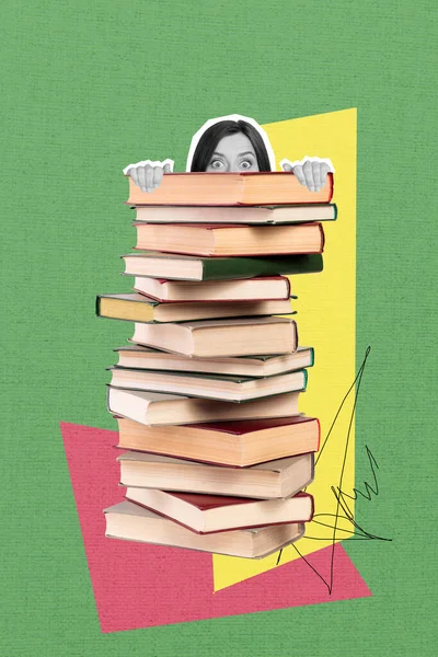 Photo Collage Conceptual Artwork Young Student Girl Hiding Big Book — Stock Photo, Image