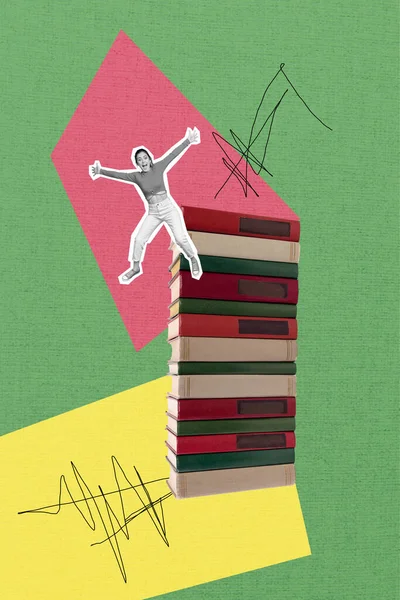Vertical Foto Colagem Jovem Funky Louco Fêmea Saltar Grande Livro — Fotografia de Stock